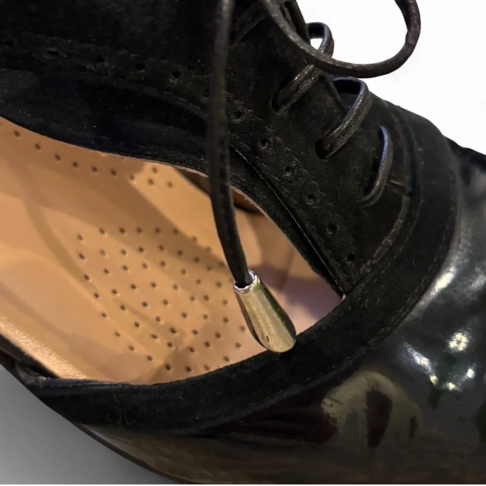 Anyi Lu Handmade Italy Black Patent Suede Lace-Up Oxford Block Heel Brogue Pump